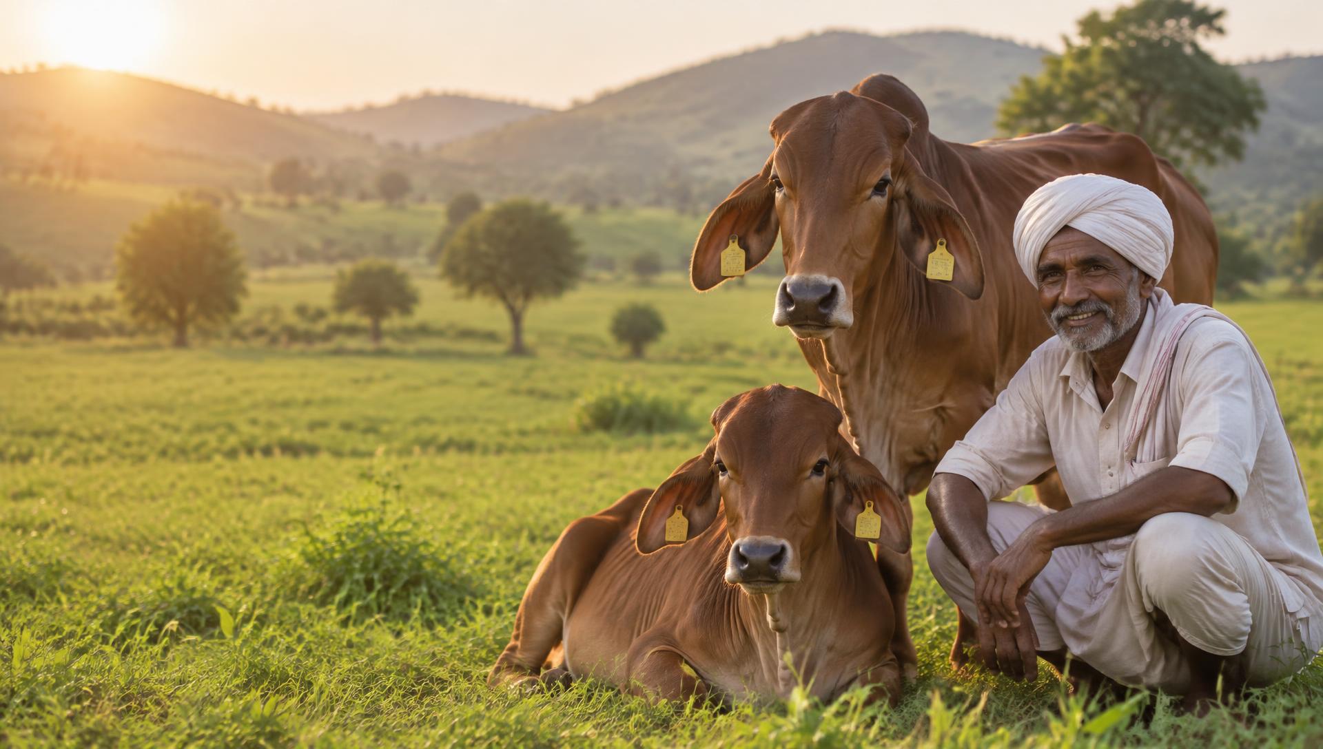 Indian farmer with Gir cows in a sunlit pasture